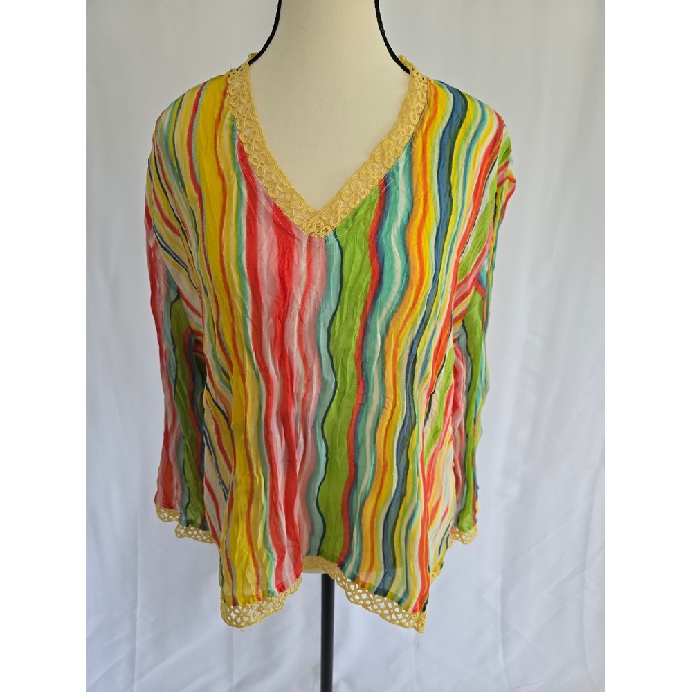 Essentials By Milano XL Colorful Striped Crochet‎ Trim Tunic Top Blouse